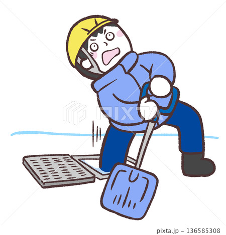 側溝に足を突っ込む雪かき男性のイラスト 136585308