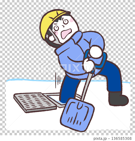 側溝に足を突っ込む雪かき男性のイラスト 136585308