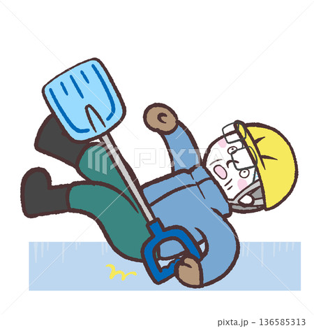 凍結した地面に滑る雪かきシニア男性のイラスト 凍結した地面に滑る雪かきシニア男性のイラスト 136585313