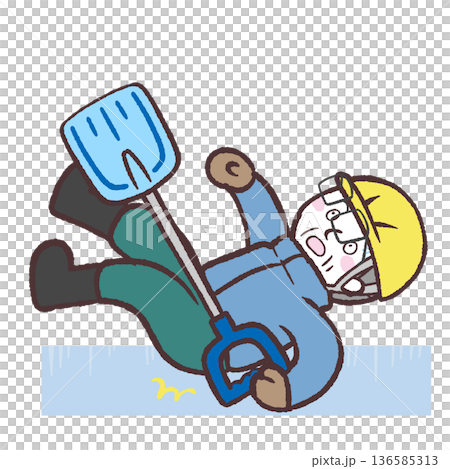 凍結した地面に滑る雪かきシニア男性のイラスト 凍結した地面に滑る雪かきシニア男性のイラスト 136585313