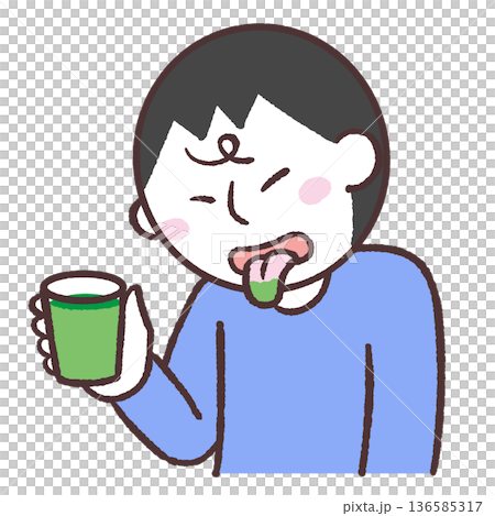 緑の液体を飲んで舌を出す男性のイラスト 136585317