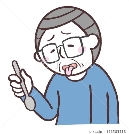 スプーンを持って舌を出すシニア男性のイラスト 136585318