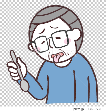 スプーンを持って舌を出すシニア男性のイラスト 136585318