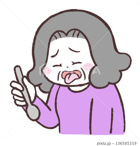 スプーンを持って舌を出すシニア女性のイラスト 136585319