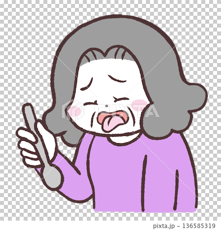 スプーンを持って舌を出すシニア女性のイラスト 136585319
