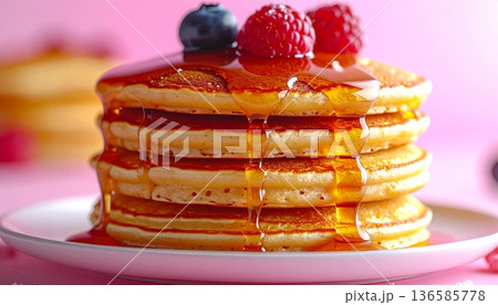 ピンク背景にメープルシロップがかかったふわふわパンケーキ 136585778