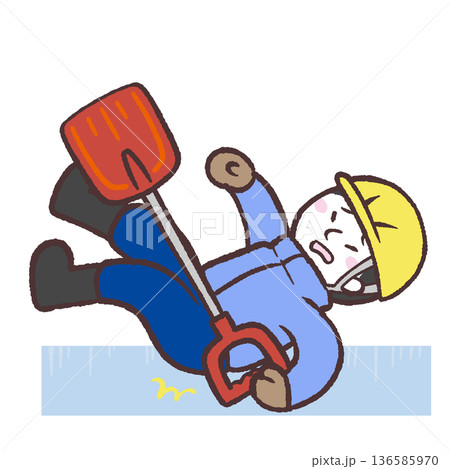 凍結した地面に滑る雪かき男性のイラスト 136585970