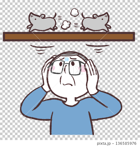 Illustration of a senior man afraid of vermin Illustration of a senior man afraid of vermin 136585976