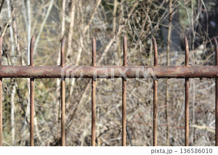 Rusty spiked metal fence outdoors Rusty spiked metal fence outdoors 136586010