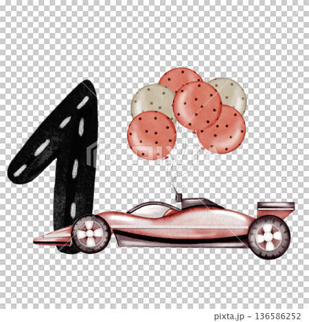 A watercolor racing car with a number card composition. Hand-drawn car template on a white background. Perfect for a racing-themed child's birthday party. A watercolor racing car with a number card composition. Hand-drawn car template on a white background. Perfect for a racing-themed child's birthday party. 136586252