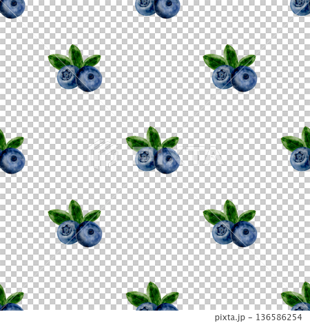 Blueberry watercolor seamless pattern. Hand-drawn blue berry on a white background. Botanical clip art. Perfect for food blog designs, organic store menus, and packaging for products and cosmetics. 136586254