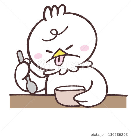 スプーンを持って舌を出す白い鳥のイラスト 136586298