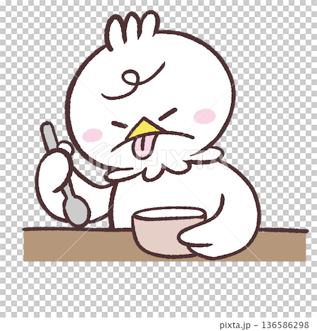 スプーンを持って舌を出す白い鳥のイラスト 136586298