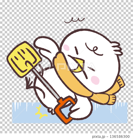 Illustration of a snow-shoveling white bird sliding on frozen ground 136586300