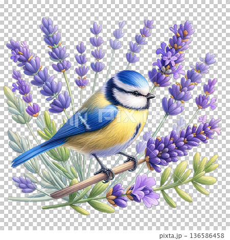 Blue tit bird perched on lavender flowers with vibrant colors 136586458