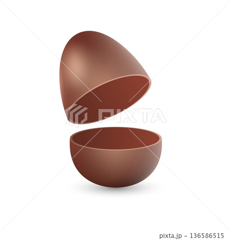 Chocolate Easter egg. 3D seasonal confectionery product for spring holidays. Sweet for kids. Empty food container for surprise. Milk cocoa snack. Vector isolated realistic illustration 136586515