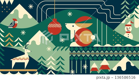 Christmas pattern. Happy Xmas festive poster. Folk modern Asian ornament. Gift card or graphic greeting postcard. Geometric mountains and winter trees. Forest animals. Vector background 136586516