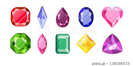 Gem stone. Game diamond, gold pearl heart gemstone or cute style ruby and sapphire. Fairytale jewelry tiara bright. Different forms luxury premium treasures. Vector isolated illustration Gem stone. Game diamond, gold pearl heart gemstone or cute style ruby and sapphire. Fairytale jewelry tiara bright. Different forms luxury premium treasures. Vector isolated illustration 136586533