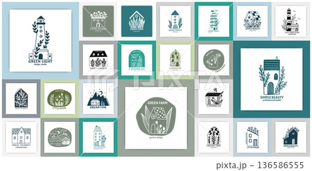Hand drawn home logo. Lighthouse and cottage building. Green farm. Cozy house with tree leaves. Plant twigs. Real estate. Simple architecture doodle flat sketch. Vector square cards set 136586555