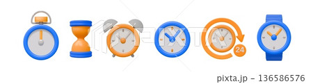 3D clock. Time countdown. Sand watch. Hourglass or stopwatch. Color timer. Digital wristwatch. 24 hour reminder. Minute counting. Sandglass and timepiece dial. Vector render icons set 136586576