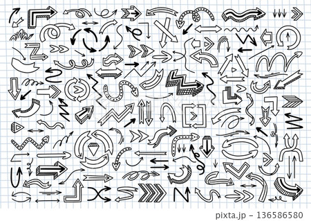 Cartoon arrows. Hand drawn color sign set, quirky circle hand drawn sketch or pencil sketchy black line. Navigation and movement, presentation organization. Vector clip art isolated collection Cartoon arrows. Hand drawn color sign set, quirky circle hand drawn sketch or pencil sketchy black line. Navigation and movement, presentation organization. Vector clip art isolated collection 136586580