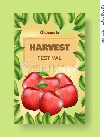 3d apples. Harvest festival flyer. Ripe fruits. Tree leaves. Wooden welcome board. Autumn traditional holiday invitation. Orchard natural crop. Seasonal event. Vector banner design 3d apples. Harvest festival flyer. Ripe fruits. Tree leaves. Wooden welcome board. Autumn traditional holiday invitation. Orchard natural crop. Seasonal event. Vector banner design 136586585