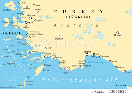 Turkish Riviera, a region in southwest Turkey, political map. Also known as Turquoise Coast, located along the Mediterranean and Aegean coasts. With Greek island group Dodecanese on the left. Vector 136586594
