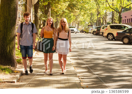 Three people friends walking outdoor. 136586599