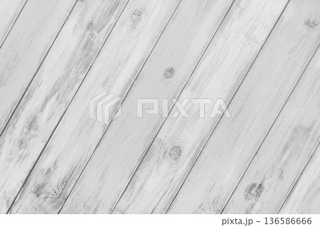 White colored painted wooden board with diagonal planks texture, rustic wall surface, background 136586666
