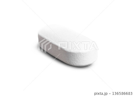 Macro of one white tablet, medicine pill capsule, supplement, vitamin isolated on white background 136586683