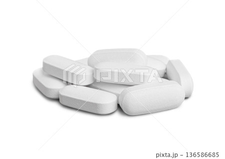 Pile of white tablets, medicine pill capsules, supplement, vitamin isolated on white background 136586685