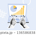 Hands typing on laptop keyboard with financial charts and upward growth arrows displayed on screen. Flat vector illustration with halftone texture. Business analytics and financial growth concept for 136586838