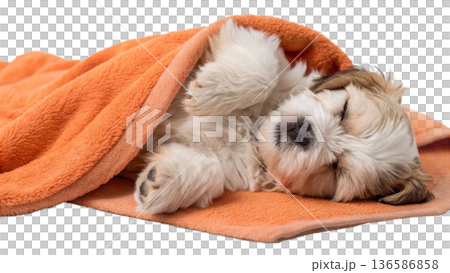 Cute bathed havanese puppy dog wrapped in an orange towel 136586858