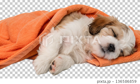 Cute bathed havanese puppy dog wrapped in an orange towel 136586859