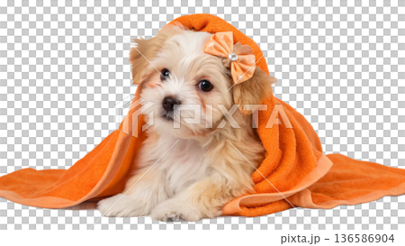 Cute bathed havanes puppy dog wrapped in an orange towel Cute bathed havanes puppy dog wrapped in an orange towel 136586904