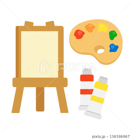 イーゼルとキャンバス、絵の具とパレット　イラストセット 136586967