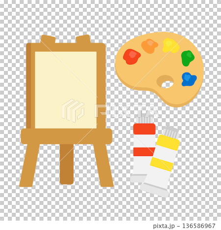 イーゼルとキャンバス、絵の具とパレット　イラストセット 136586967
