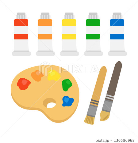 5種類の絵の具・パレットと筆のイラストセット 136586968