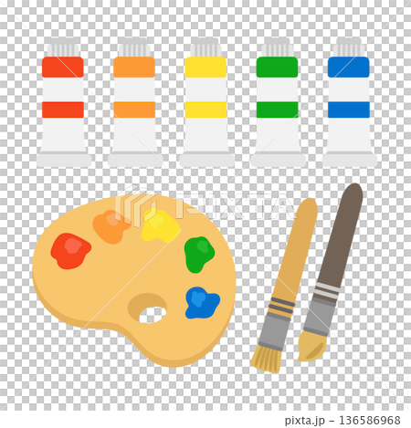 5種類の絵の具・パレットと筆のイラストセット 136586968
