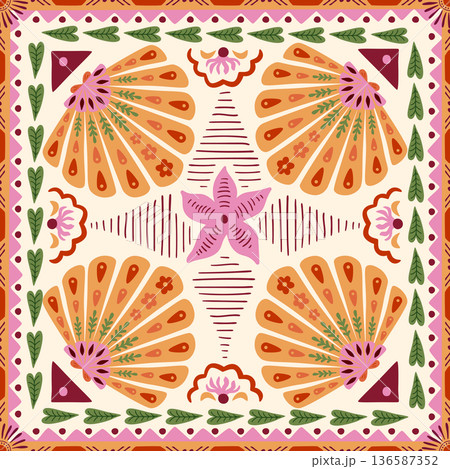 Summer beach tile, scarf, square seamless pattern with seashells, geometric checkered ornament. Vector textile design 136587352