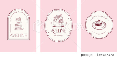 Retro pastry shop and bakery label set. Vintage illustrations of cakes and sweets for cafe logos and 136587378
