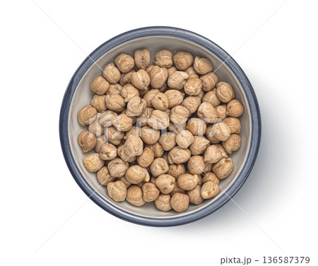 Chickpeas isolated on white background, wooden bowl top view, full depth of field 136587379