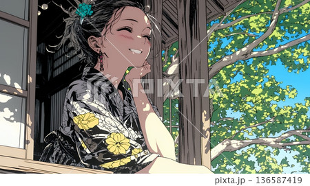 浴衣姿で夕涼みをしている若い女性