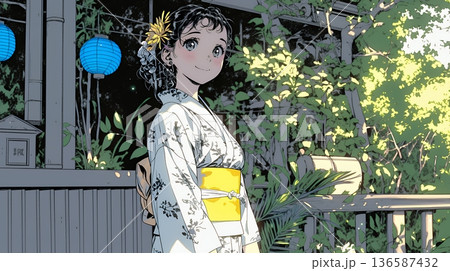 浴衣姿で夕涼みをしている若い女性