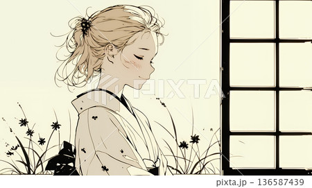 浴衣姿で夕涼みをしている若い女性（シンプルな色使い）