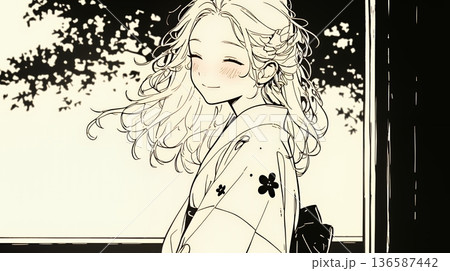 浴衣姿で夕涼みをしている若い女性（シンプルな色使い）