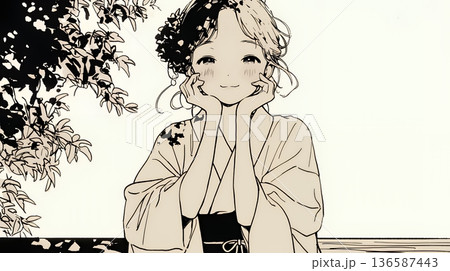 浴衣姿で夕涼みをしている若い女性（シンプルな色使い）