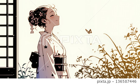 浴衣姿で夕涼みをしている若い女性（シンプルな色使い）