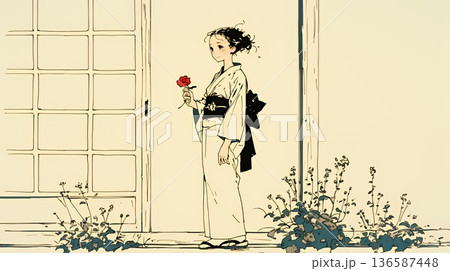 浴衣姿で夕涼みをしている若い女性（シンプルな色使い）