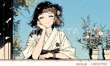 浴衣姿で夕涼みをしている若い女性（シンプルな色使い）